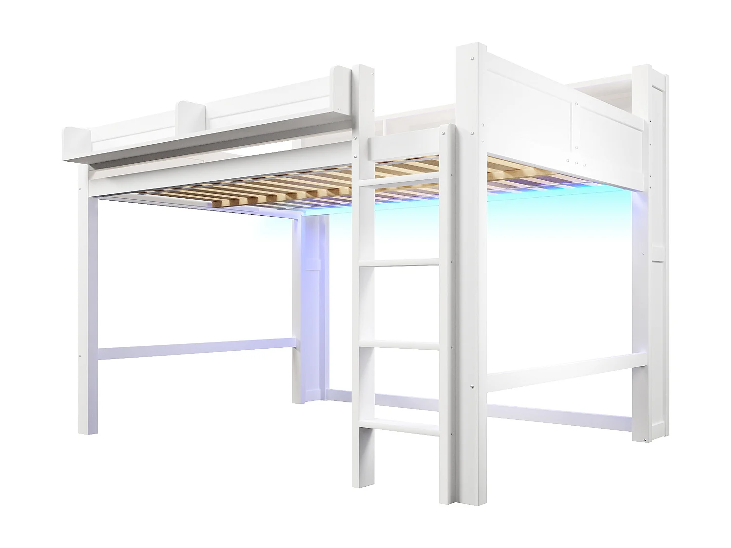 Hochbett für Kinder aus Holz – 140 x 200 cm – mit Staufächern, LED-Beleuchtung und USB-Anschluss – MDF – weiß