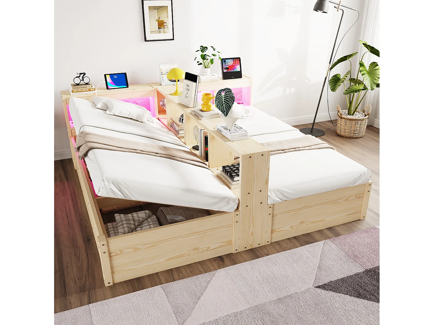 Lit coffre hydraulique 2 places enfant - 90/180 x 200 cm - avec étagères de rangement + Leds + prise - MDF - naturel