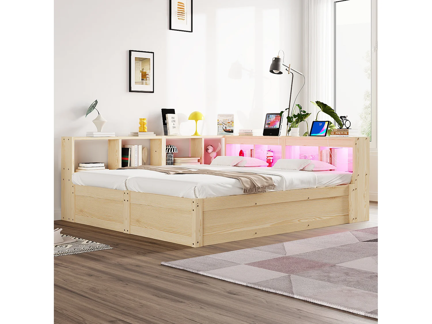 Lit coffre hydraulique 2 places enfant - 90/180 x 200 cm - avec étagères de rangement + Leds + prise - MDF - naturel