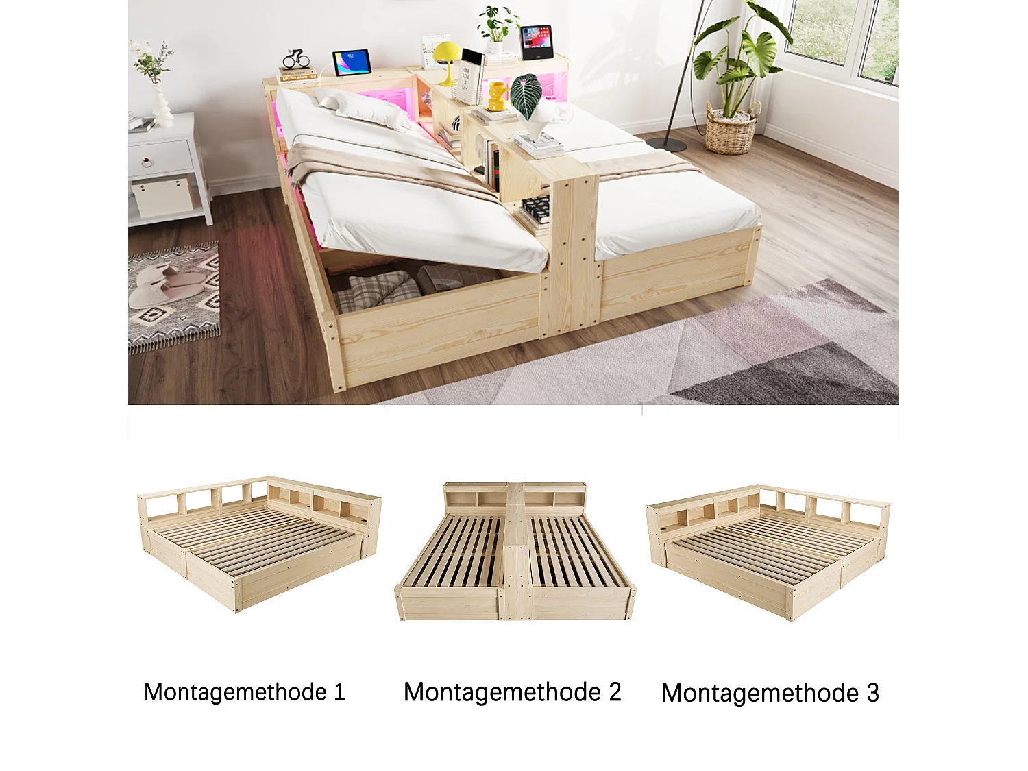Lit coffre hydraulique 2 places enfant - 90/180 x 200 cm - avec étagères de rangement + Leds + prise - MDF - naturel