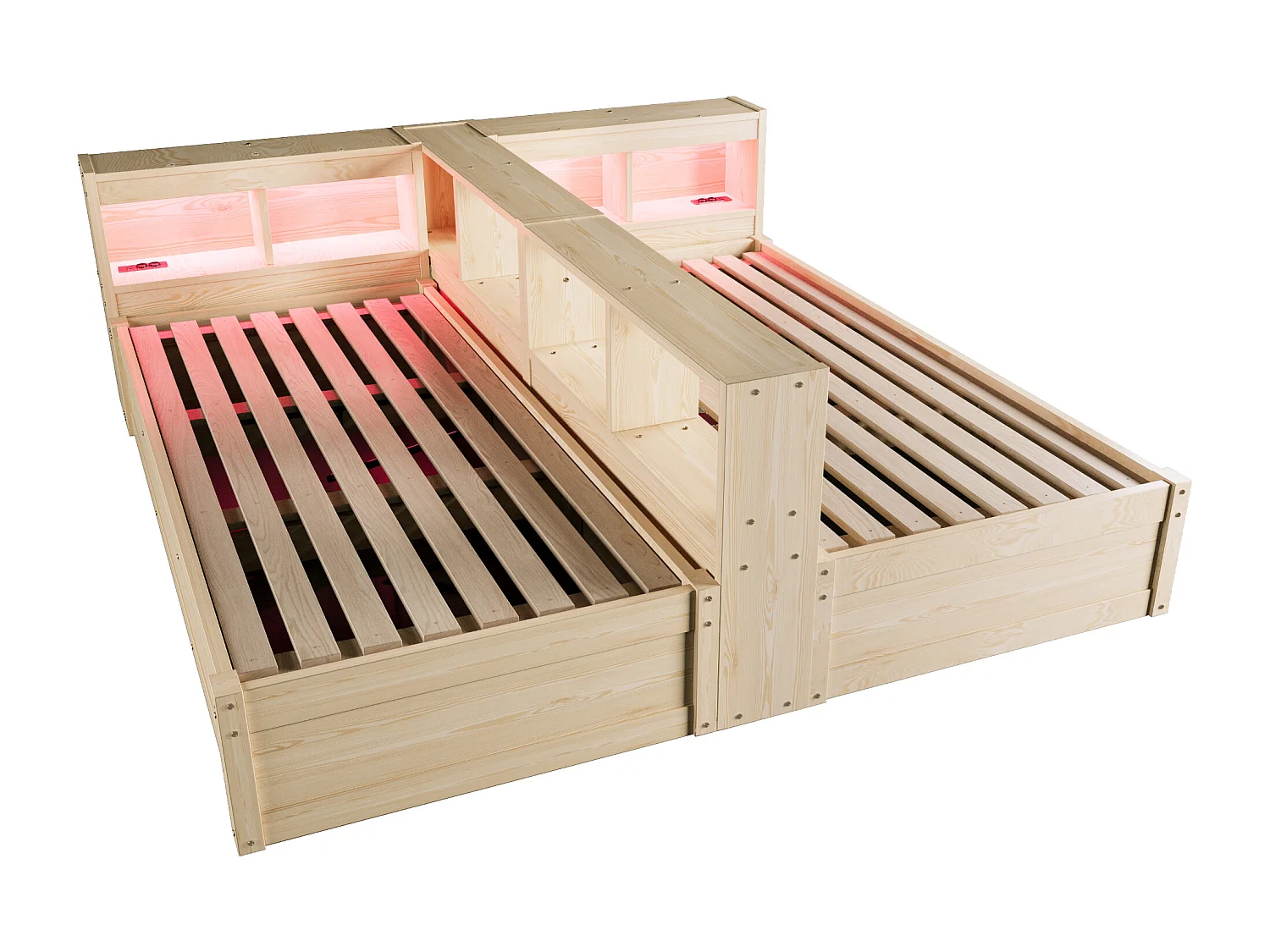 Lit coffre hydraulique 2 places enfant - 90/180 x 200 cm - avec étagères de rangement + Leds + prise - MDF - naturel