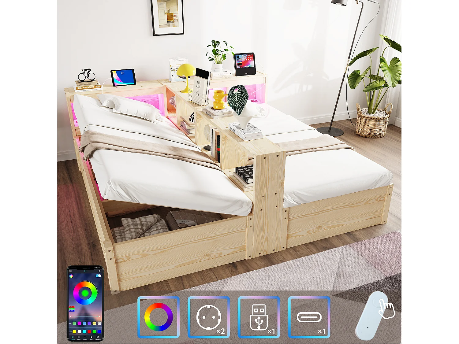 Lit coffre hydraulique 2 places enfant - 90/180 x 200 cm - avec étagères de rangement + Leds + prise - MDF - naturel