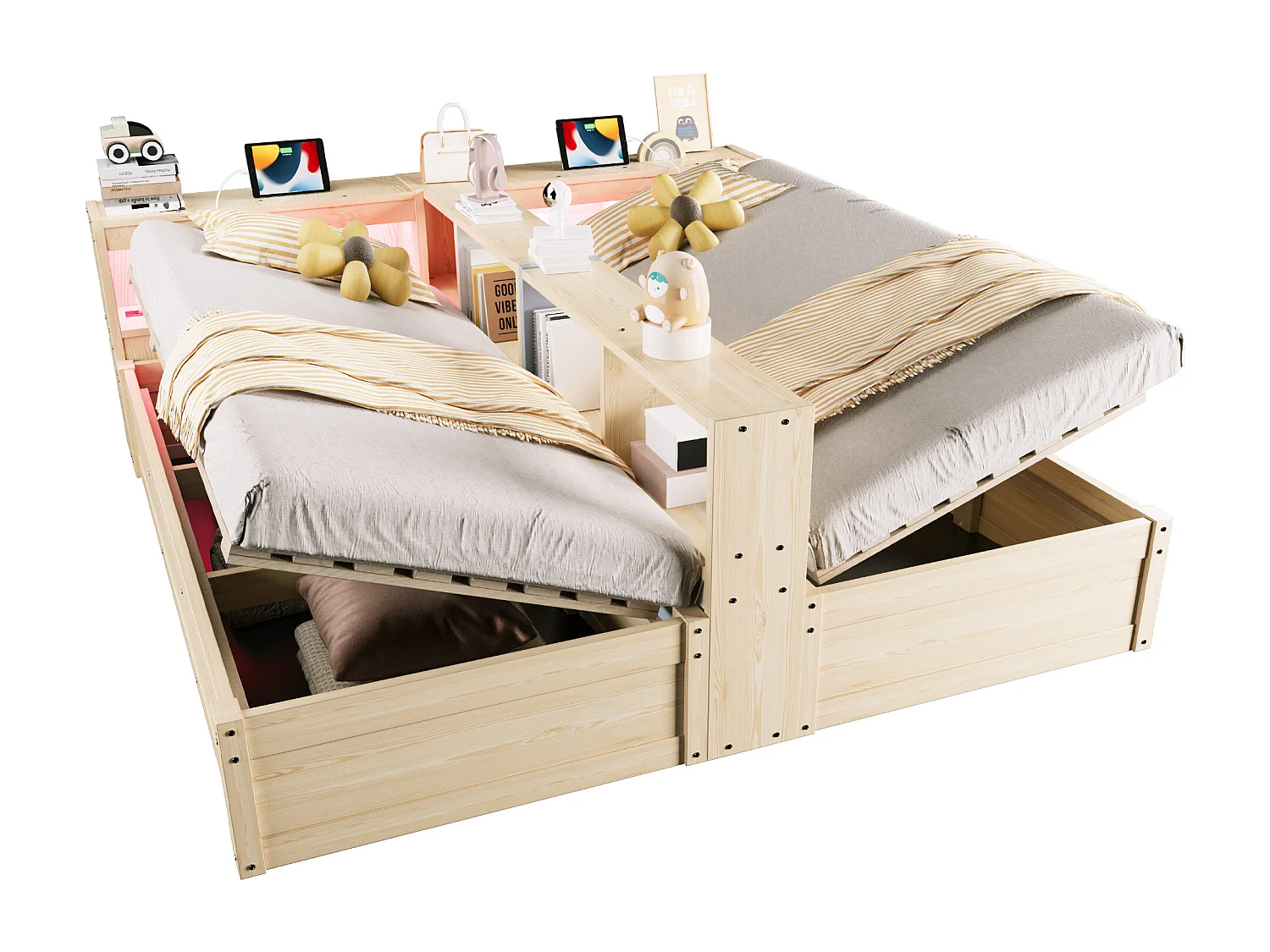 Lit coffre hydraulique 2 places enfant - 90/180 x 200 cm - avec étagères de rangement + Leds + prise - MDF - naturel