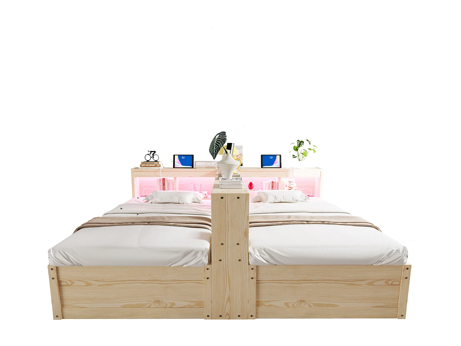 Lit coffre hydraulique 2 places enfant - 90/180 x 200 cm - avec étagères de rangement + Leds + prise - MDF - naturel
