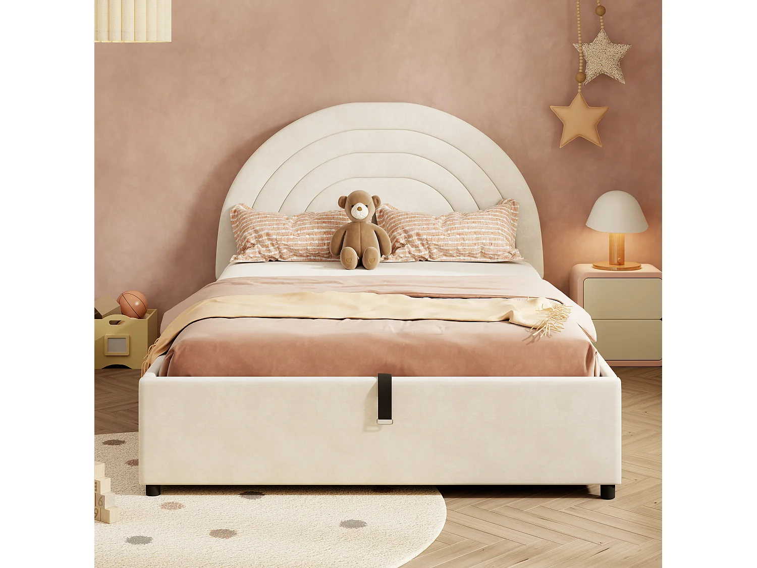 Lit coffre rembourré enfant - 140 x 190 cm - avec sommier à lattes + tête de lit - velours - beige