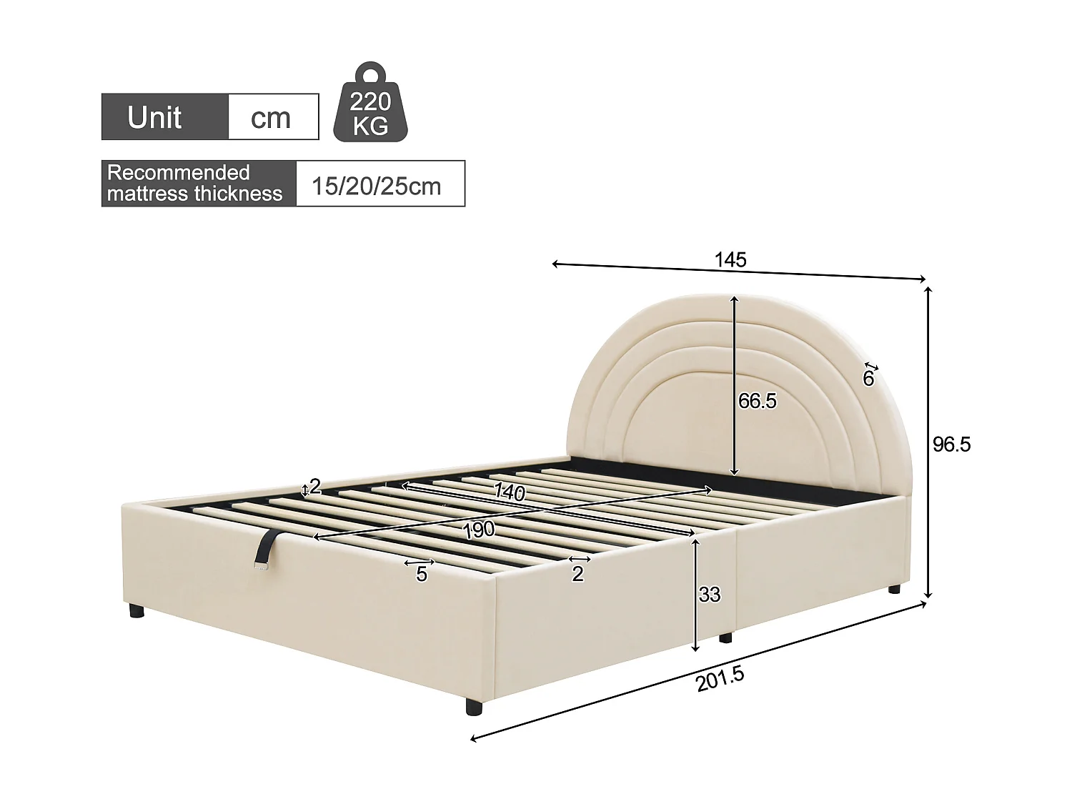 Lit coffre rembourré enfant - 140 x 190 cm - avec sommier à lattes + tête de lit - velours - beige
