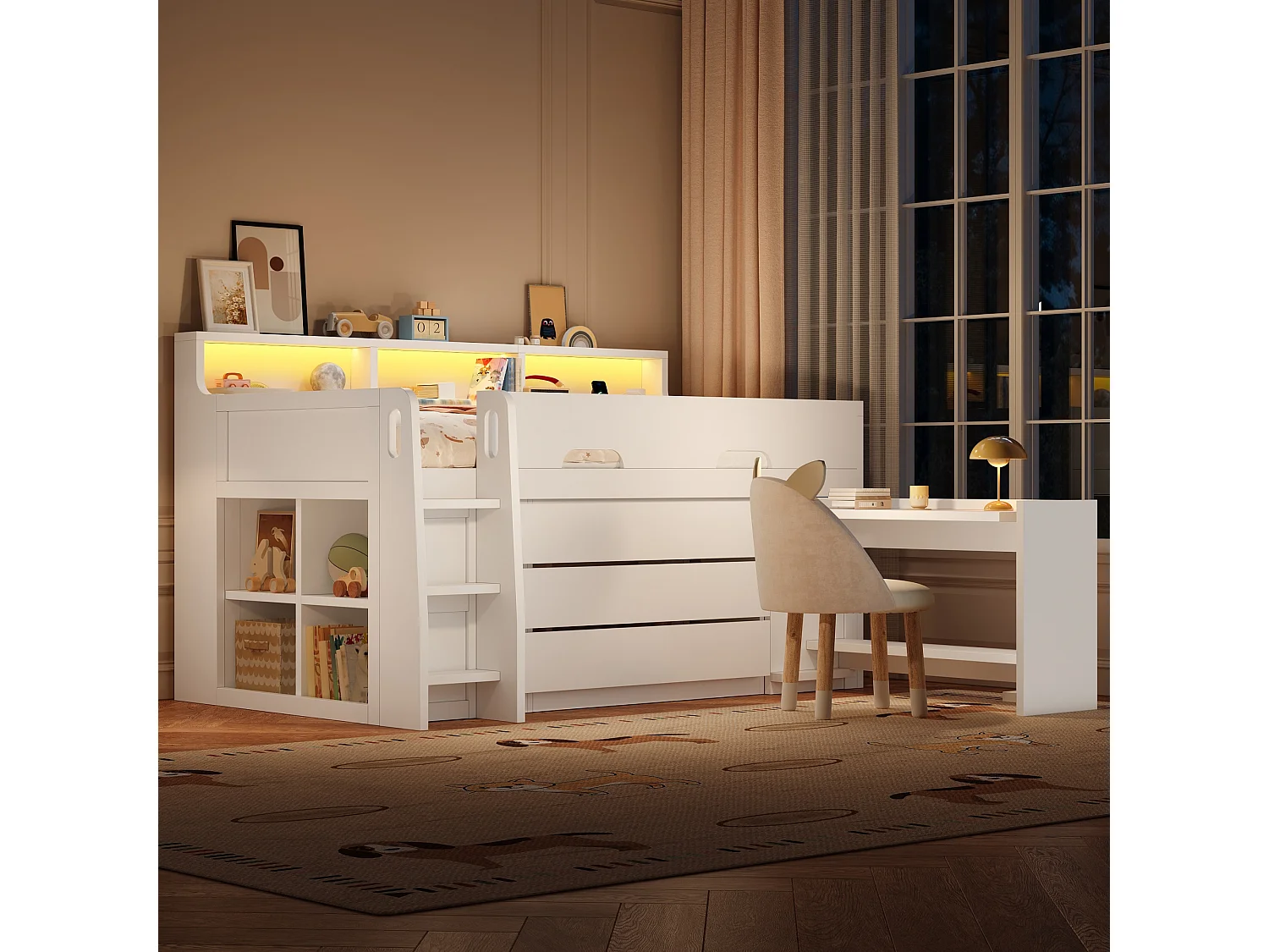 Lit mezzanine bas enfant - 90 x 200 cm - avec 3 tiroirs + bureau amovible + étagères + Leds + USB - NDF - blanc