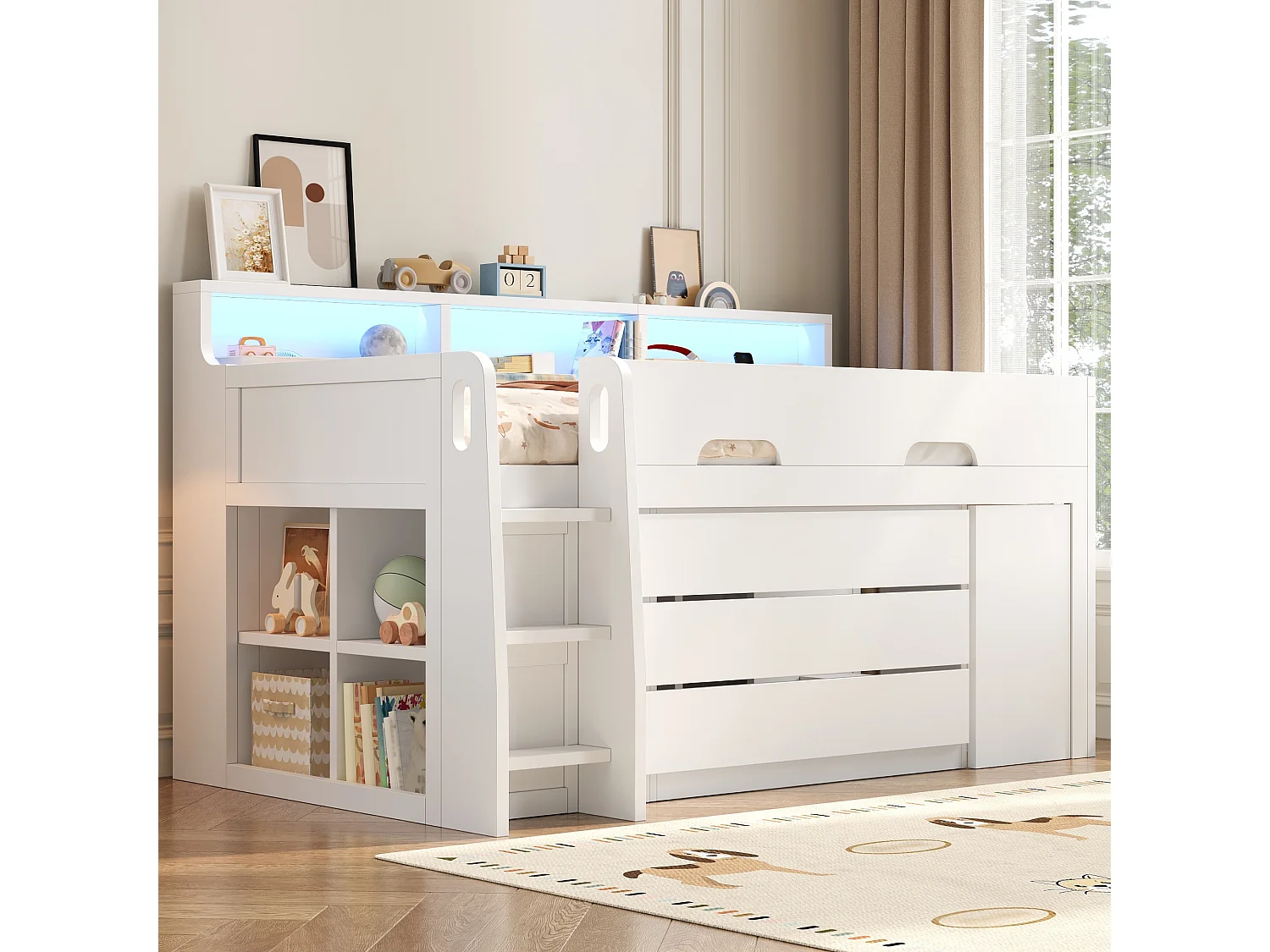Lit mezzanine bas enfant - 90 x 200 cm - avec 3 tiroirs + bureau amovible + étagères + Leds + USB - NDF - blanc