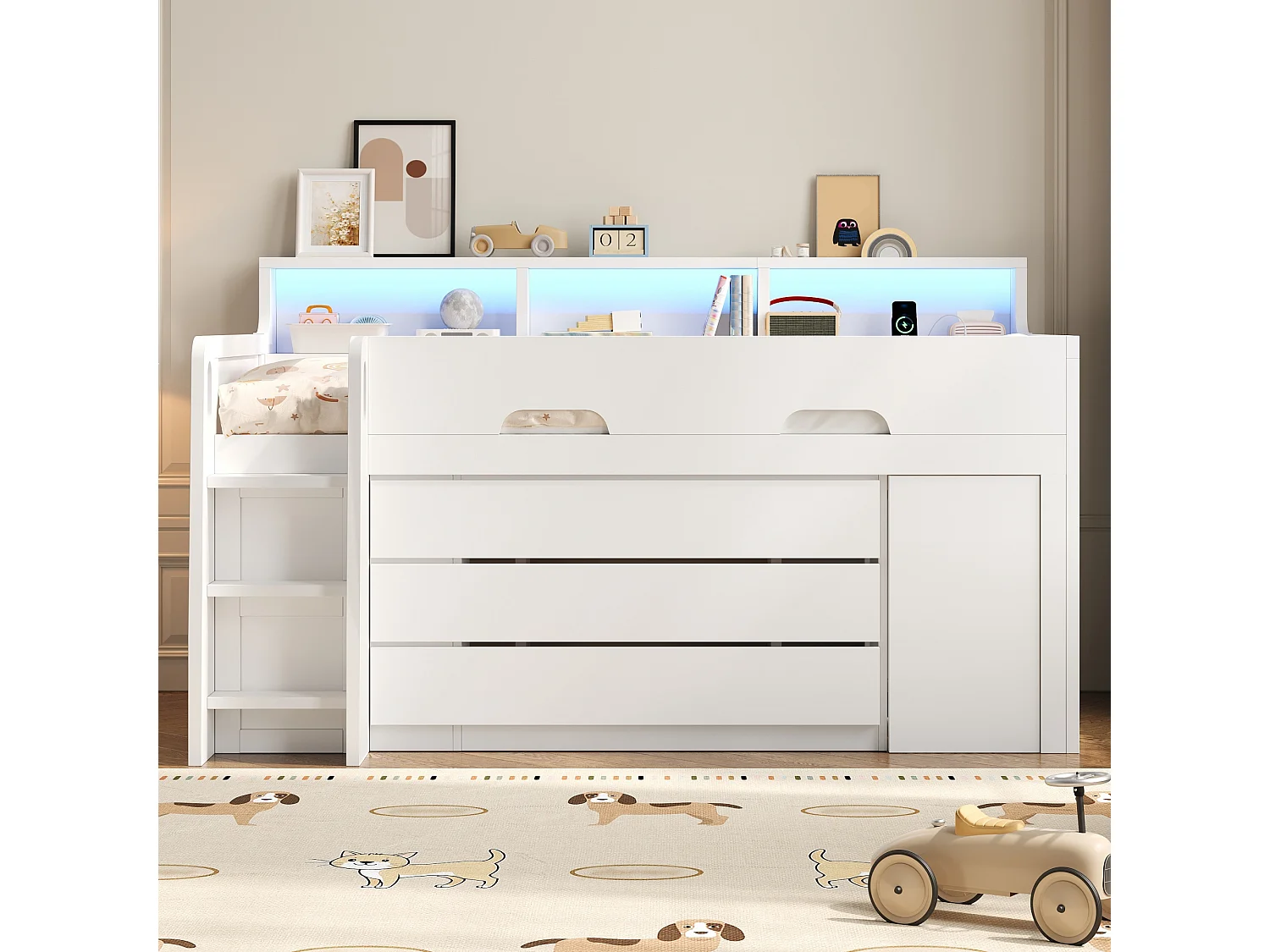 Lit mezzanine bas enfant - 90 x 200 cm - avec 3 tiroirs + bureau amovible + étagères + Leds + USB - NDF - blanc