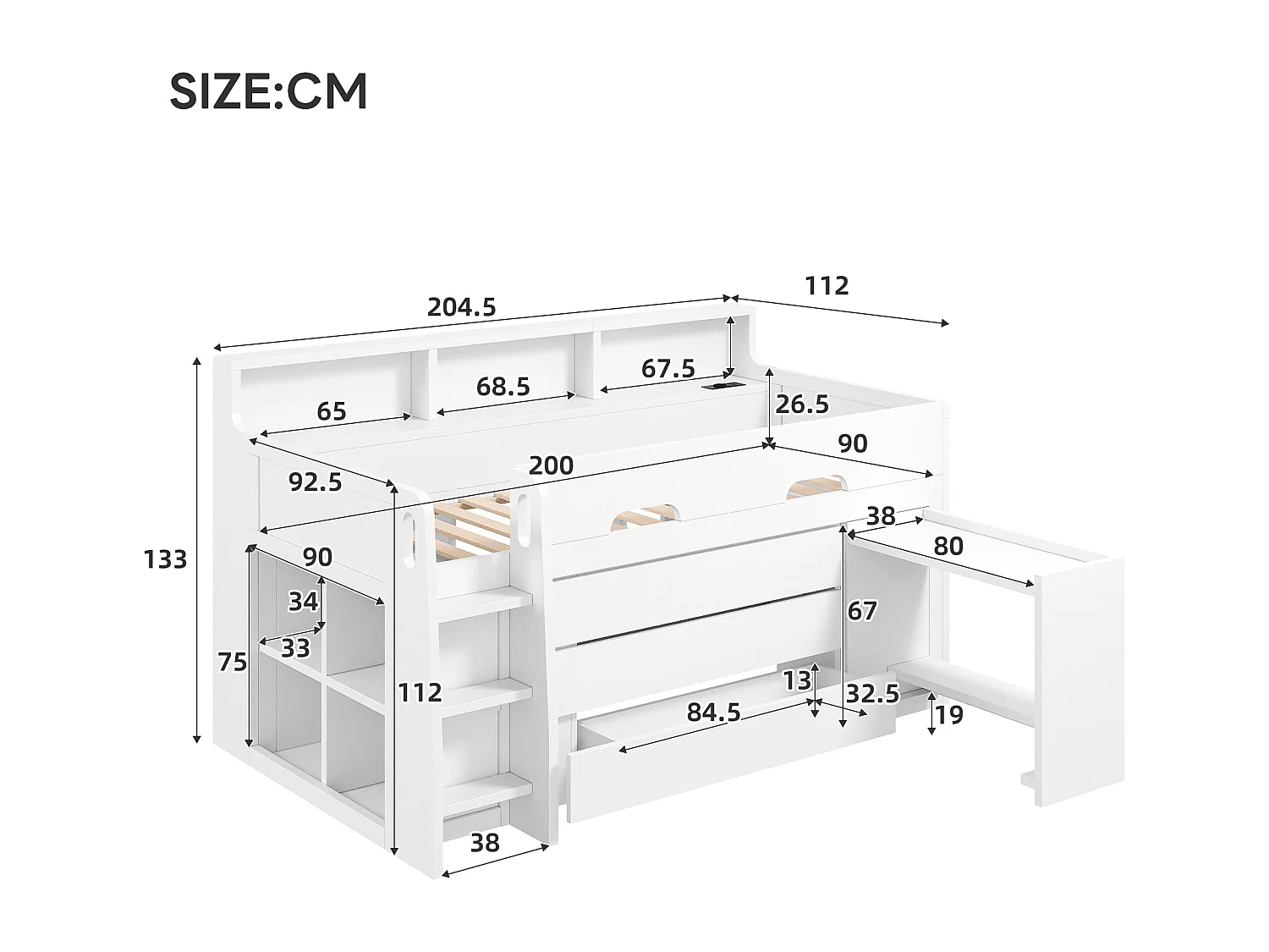 Lit mezzanine bas enfant - 90 x 200 cm - avec 3 tiroirs + bureau amovible + étagères + Leds + USB - NDF - blanc
