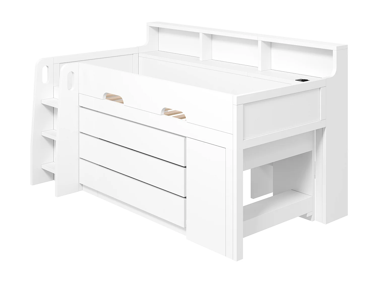 Lit mezzanine bas enfant - 90 x 200 cm - avec 3 tiroirs + bureau amovible + étagères + Leds + USB - NDF - blanc