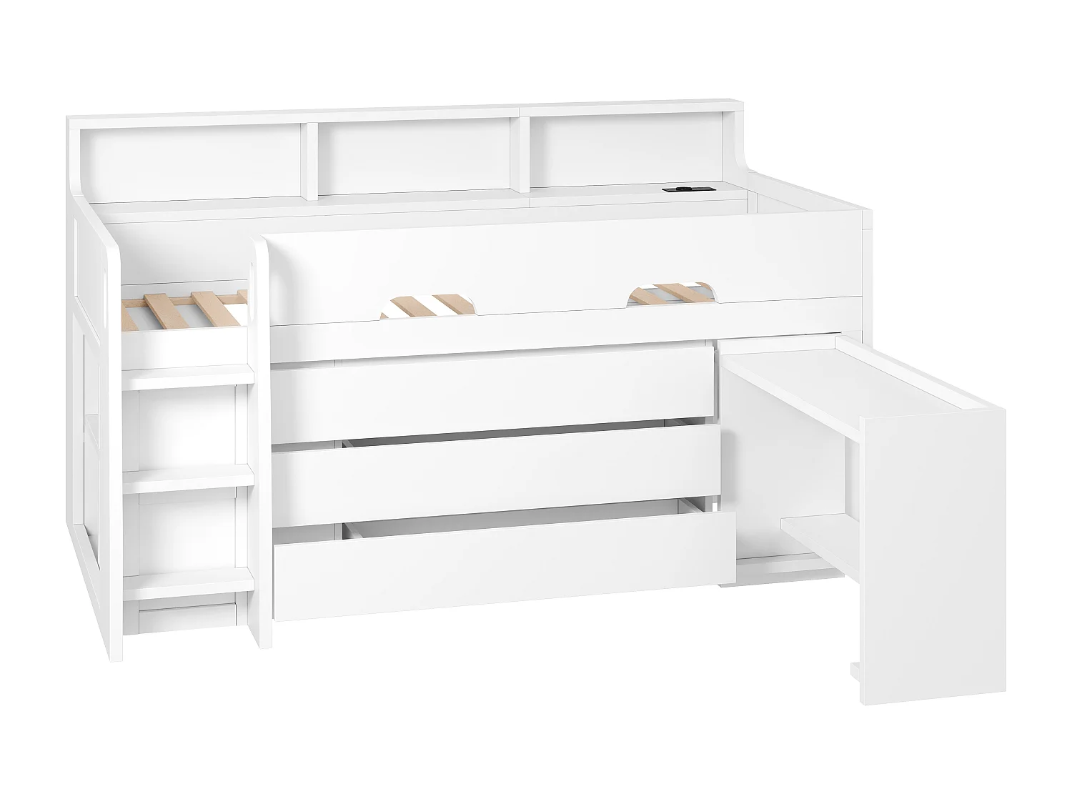 Lit mezzanine bas enfant - 90 x 200 cm - avec 3 tiroirs + bureau amovible + étagères + Leds + USB - NDF - blanc