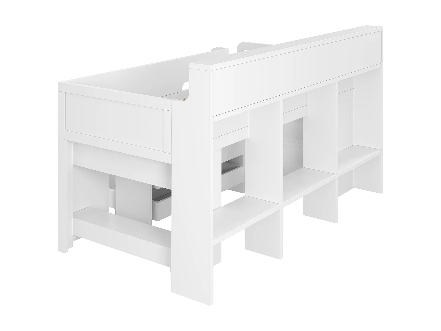 Lit mezzanine bas enfant - 90 x 200 cm - avec 3 tiroirs + bureau amovible + étagères + Leds + USB - NDF - blanc
