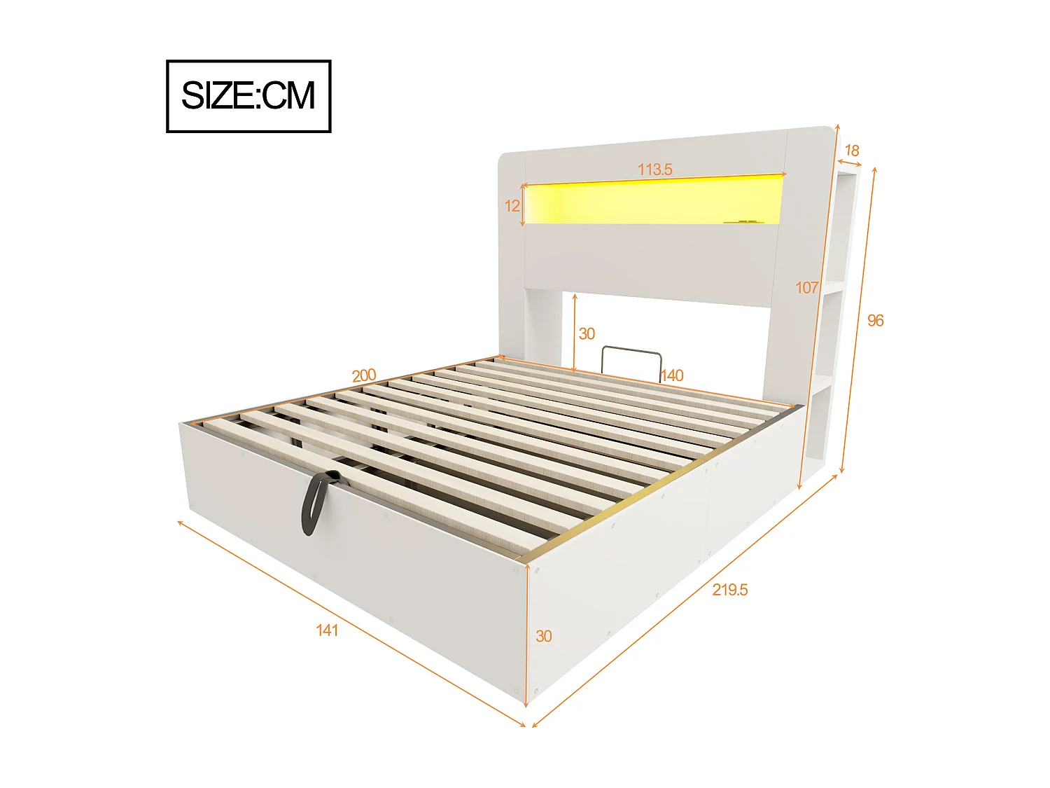 Hydraulisches Stauraumbett aus Holz – 140 x 200 cm – mit Stauraum im Kopfteil, LED-Beleuchtung und Steckdosen – weiß