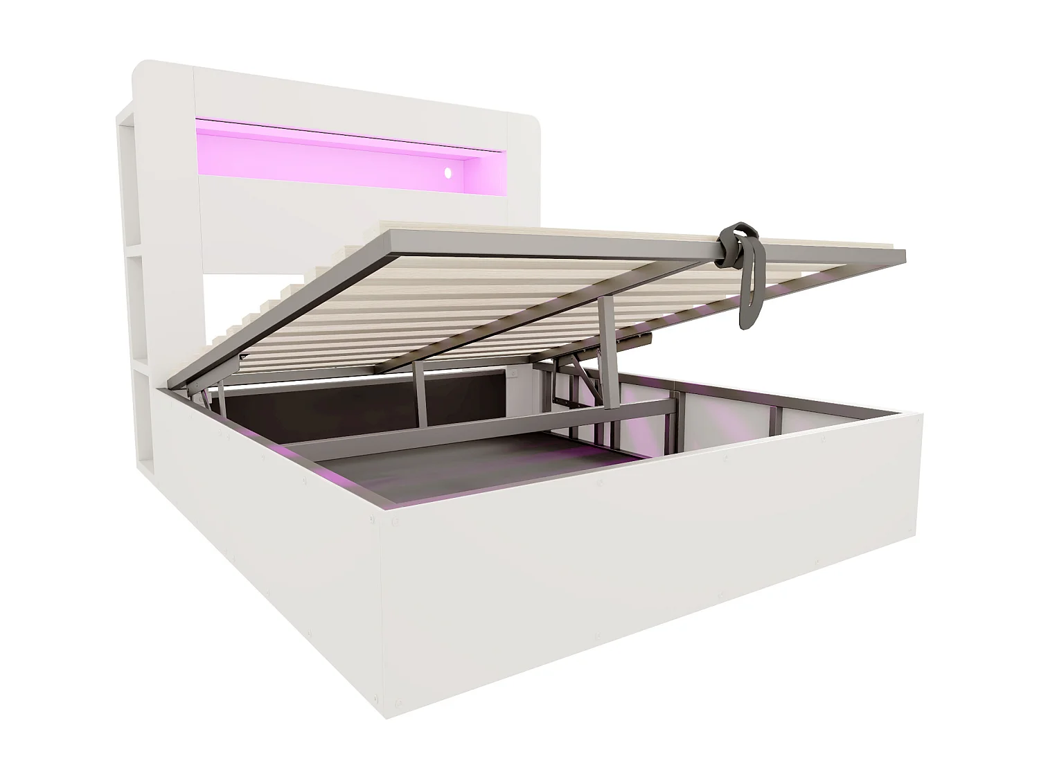 Hydraulisches Stauraumbett aus Holz – 140 x 200 cm – mit Stauraum im Kopfteil, LED-Beleuchtung und Steckdosen – weiß