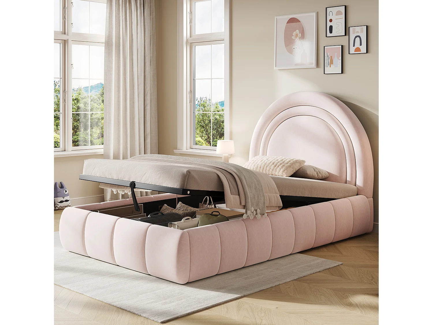 Lit coffre rembourré enfant - 90 x 200 cm - avec rangement hydraulique + tête de lit - velours - rose