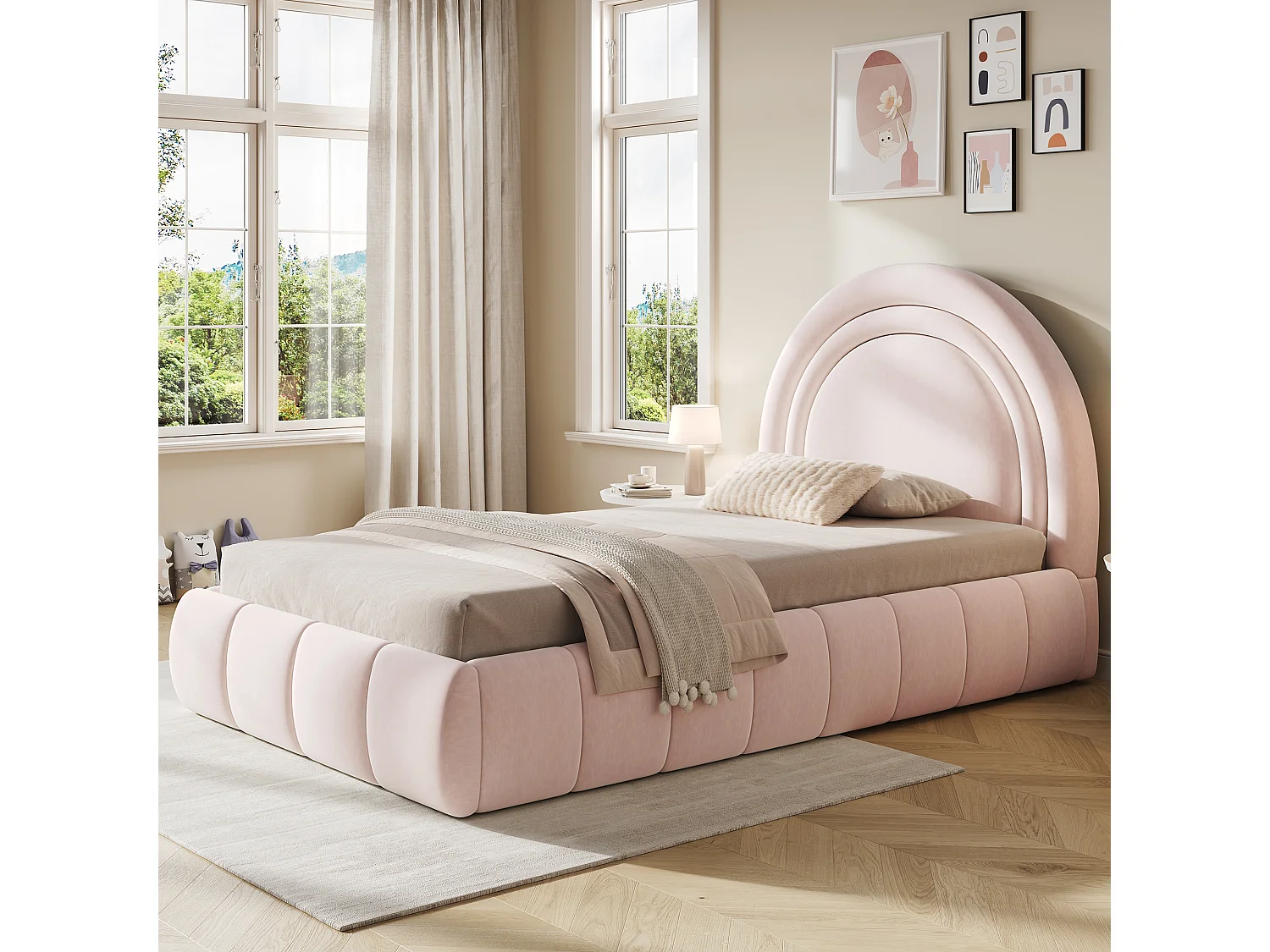 Lit coffre rembourré enfant - 90 x 200 cm - avec rangement hydraulique + tête de lit - velours - rose