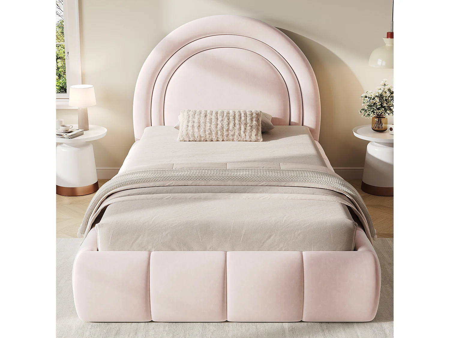 Lit coffre rembourré enfant - 90 x 200 cm - avec rangement hydraulique + tête de lit - velours - rose