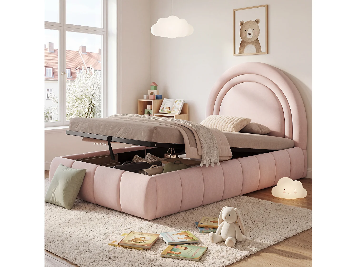 Lit coffre rembourré enfant - 90 x 200 cm - avec rangement hydraulique + tête de lit - velours - rose
