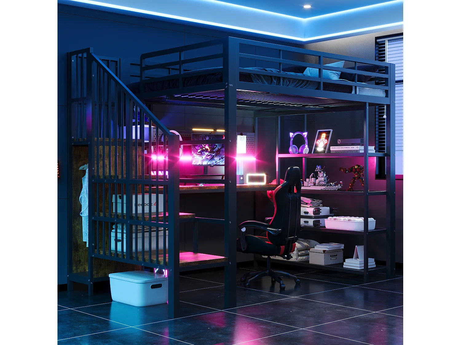 Hoogslaper van ijzer - 140 x 200 cm - met bureau + ledverlichting + planken en opbergladder - metaal + MDF - zwart