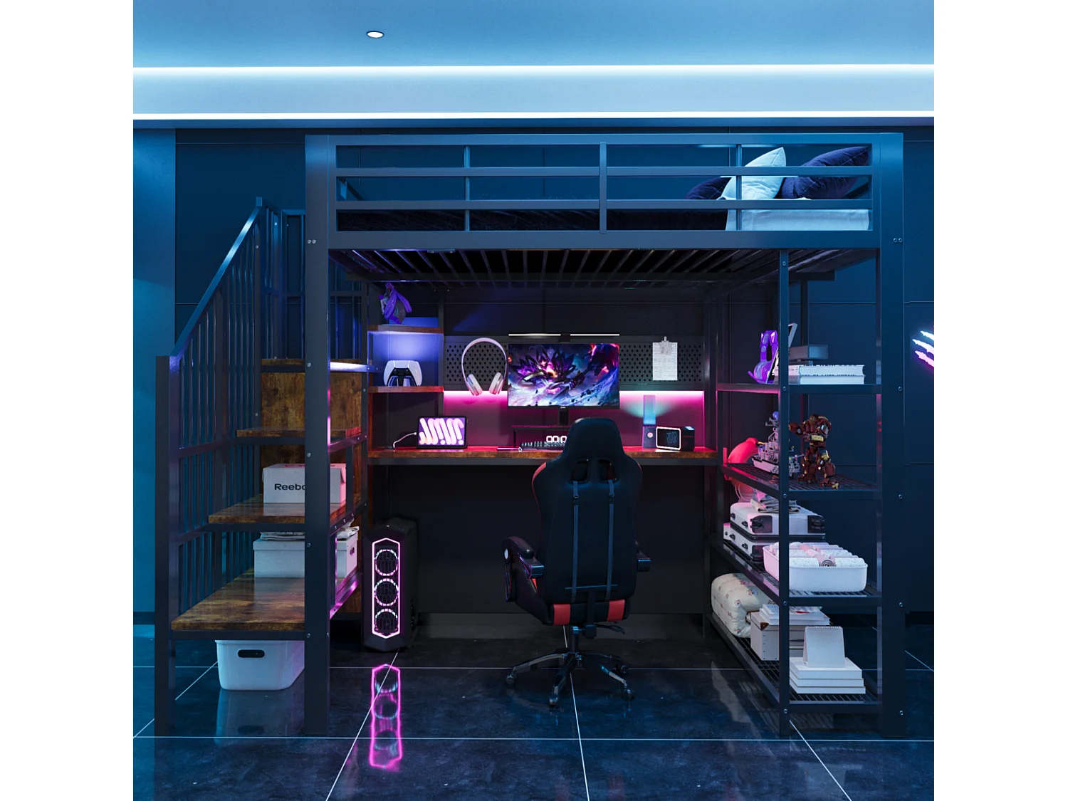 Hoogslaper van ijzer - 140 x 200 cm - met bureau + ledverlichting + planken en opbergladder - metaal + MDF - zwart