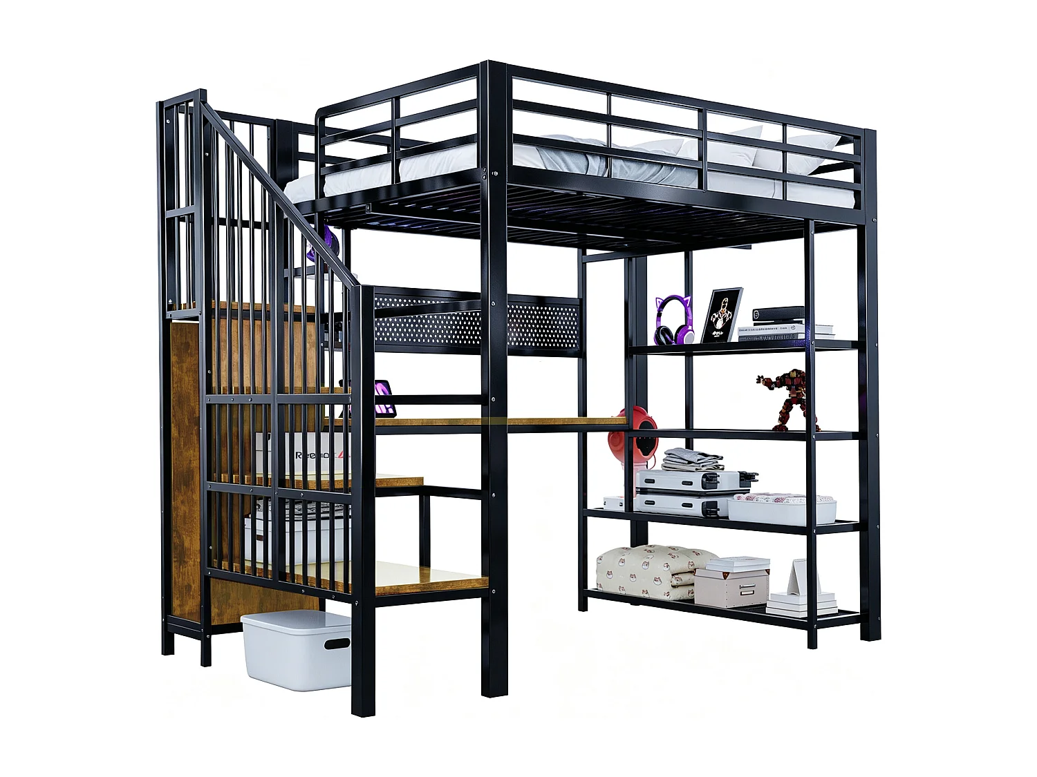 Hoogslaper van ijzer - 140 x 200 cm - met bureau + ledverlichting + planken en opbergladder - metaal + MDF - zwart