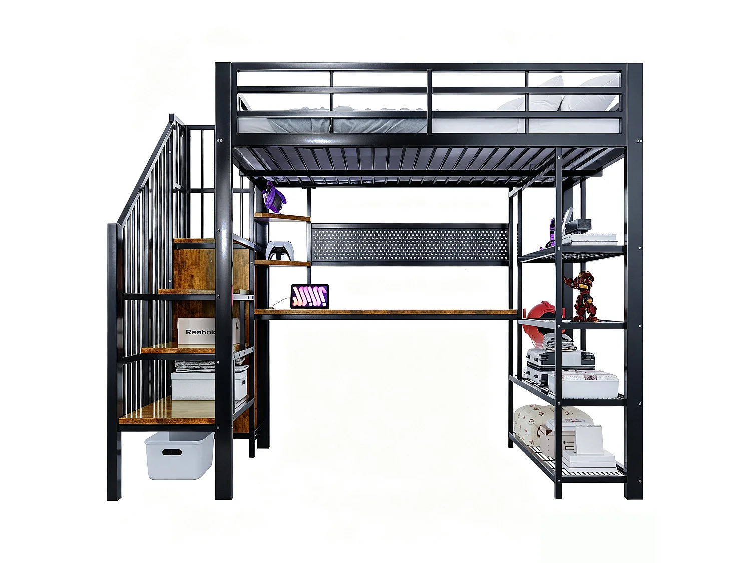 Hoogslaper van ijzer - 140 x 200 cm - met bureau + ledverlichting + planken en opbergladder - metaal + MDF - zwart
