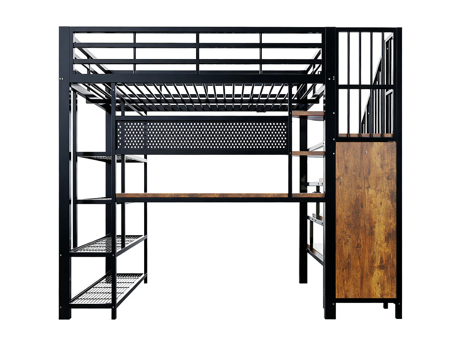 Hoogslaper van ijzer - 140 x 200 cm - met bureau + ledverlichting + planken en opbergladder - metaal + MDF - zwart
