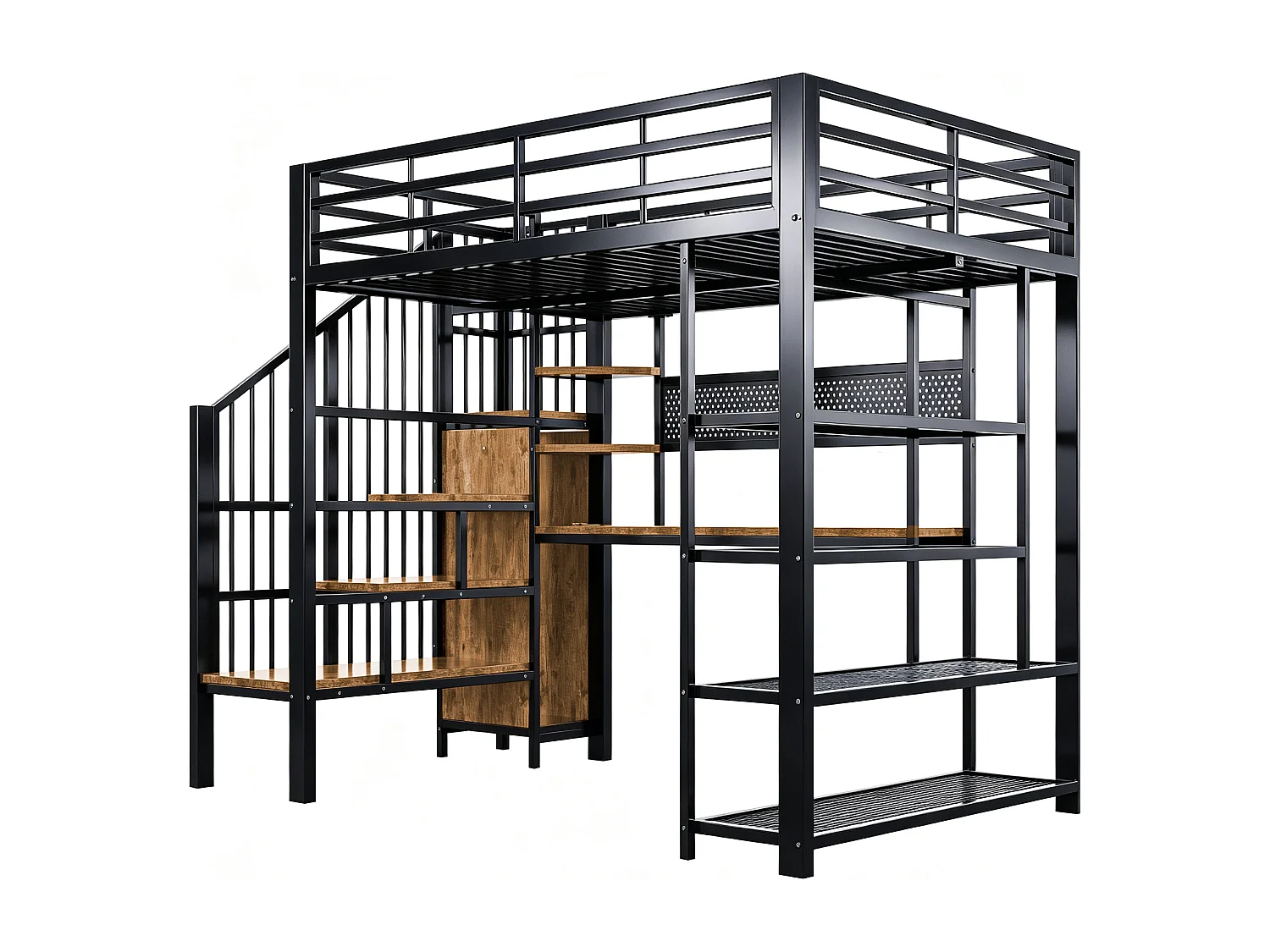 Hoogslaper van ijzer - 140 x 200 cm - met bureau + ledverlichting + planken en opbergladder - metaal + MDF - zwart