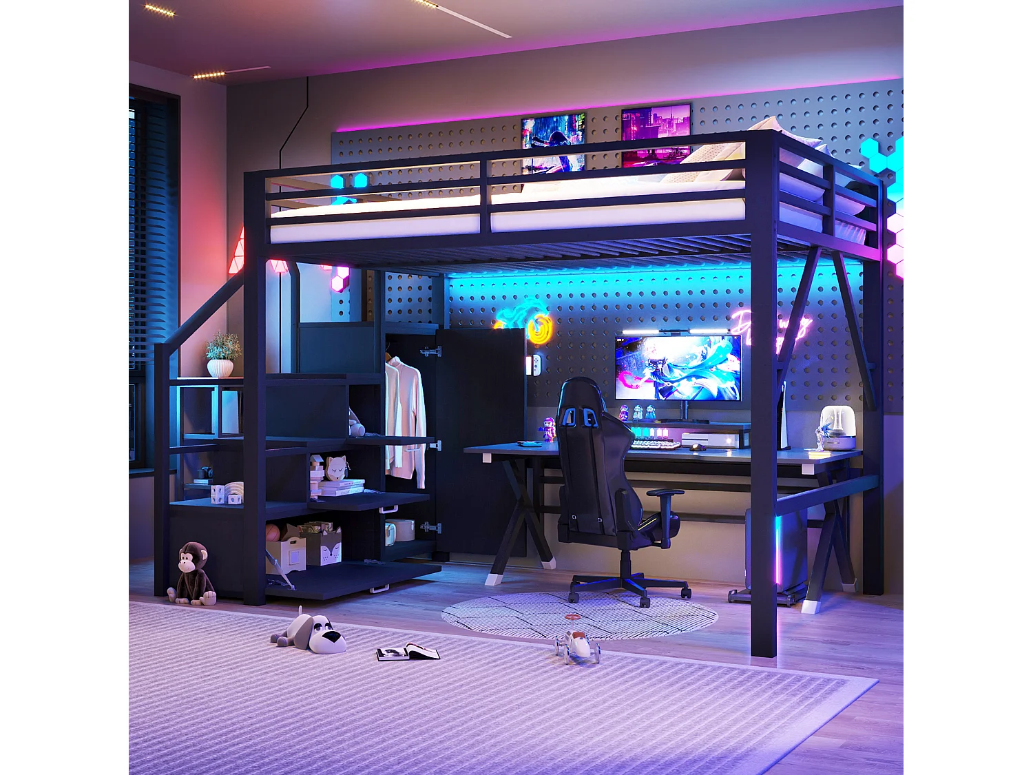 Lit mezzanine en métal - 140 x 200 cm - avec escalier de rangement + penderie + Leds - MDF + métal - noir