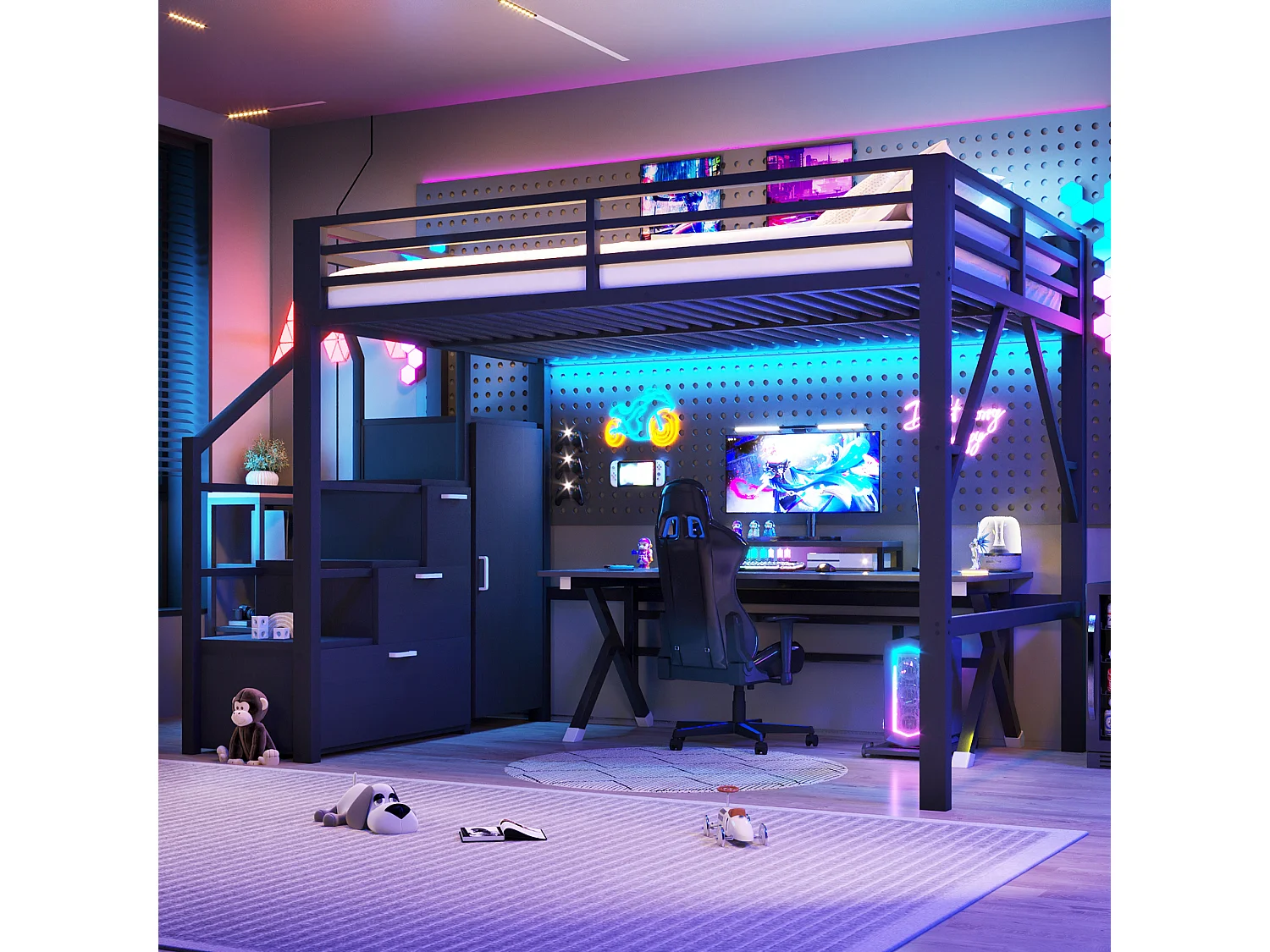 Lit mezzanine en métal - 140 x 200 cm - avec escalier de rangement + penderie + Leds - MDF + métal - noir