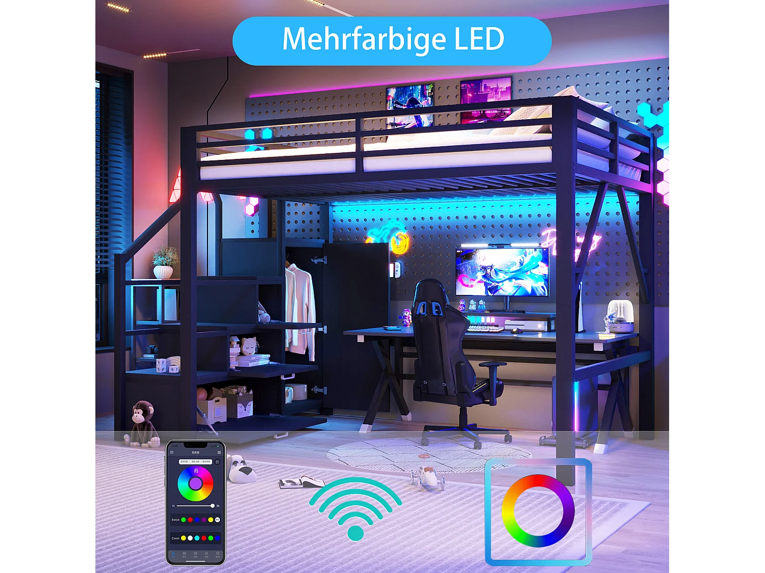 Lit mezzanine en métal - 140 x 200 cm - avec escalier de rangement + penderie + Leds - MDF + métal - noir