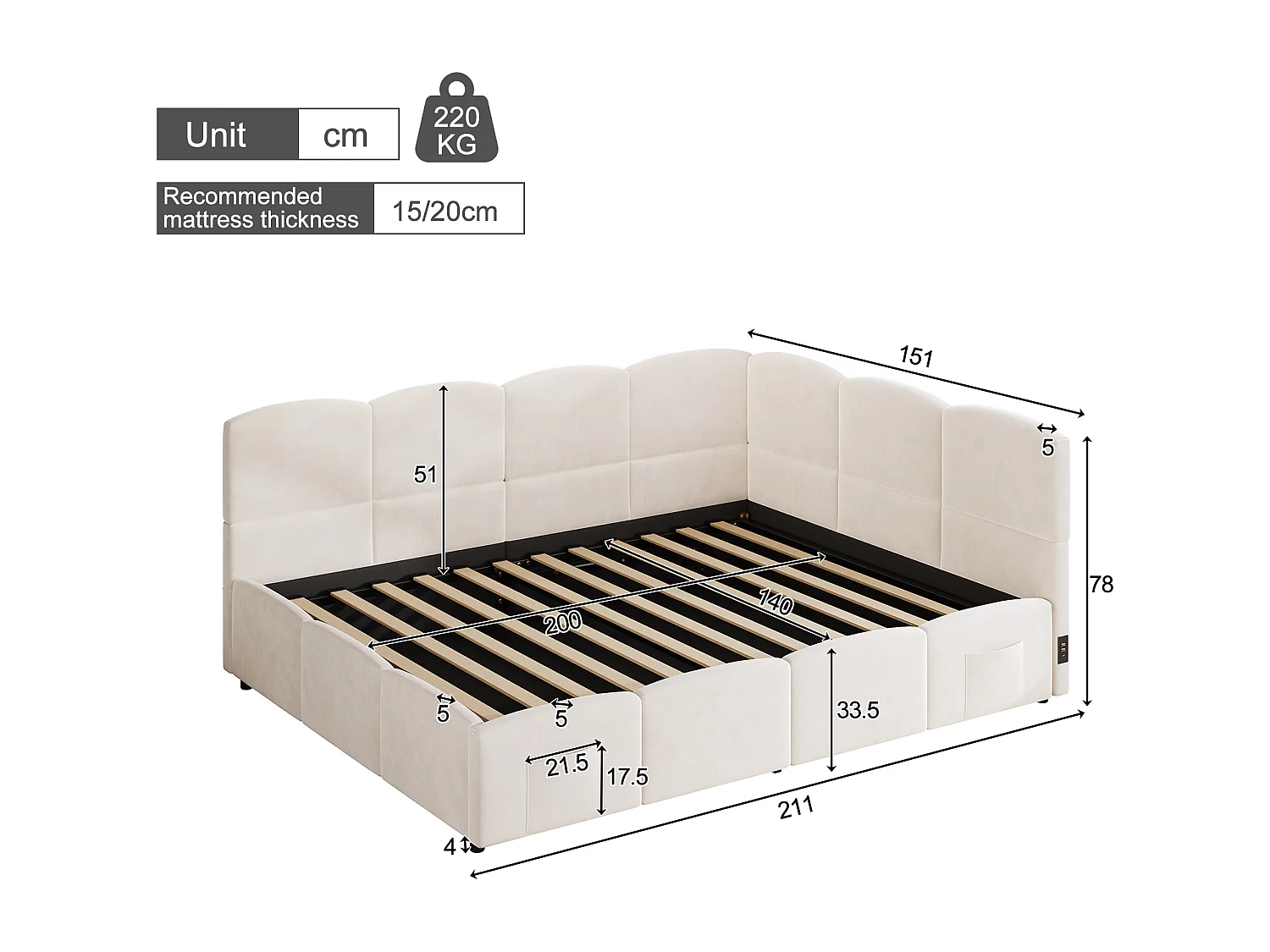 Lit coffre rembourré enfant - 140 x 200 cm - avec sommier à lattes + USB + tête de lit L - velours - beige