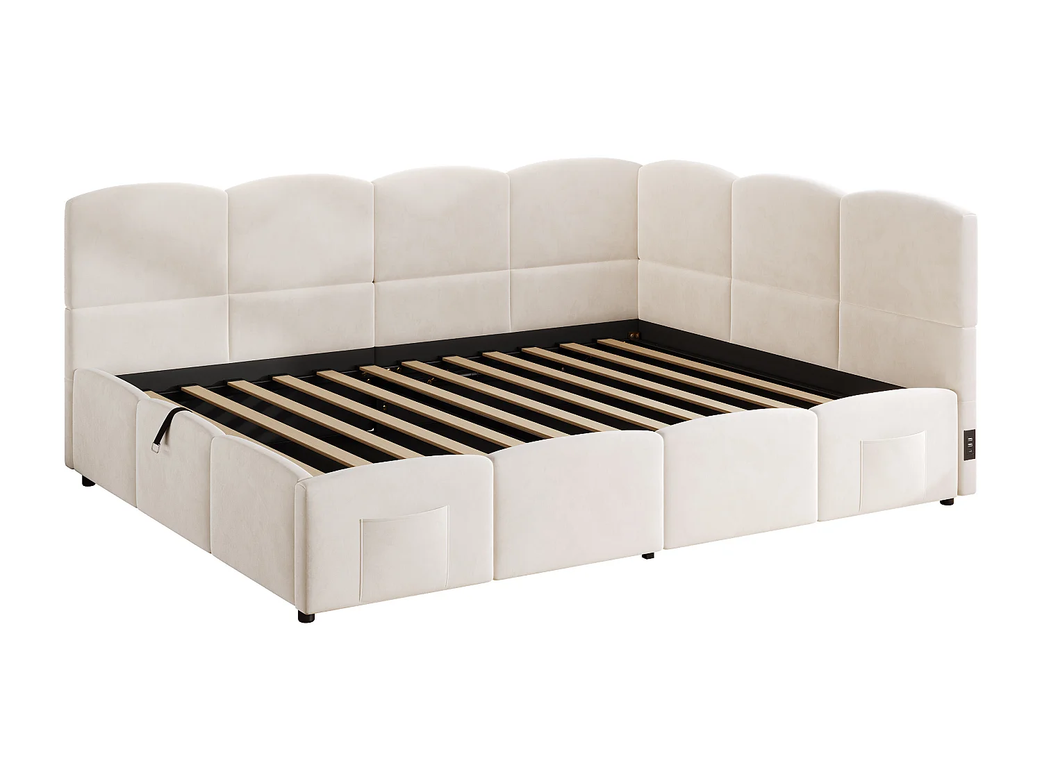 Lit coffre rembourré enfant - 140 x 200 cm - avec sommier à lattes + USB + tête de lit L - velours - beige