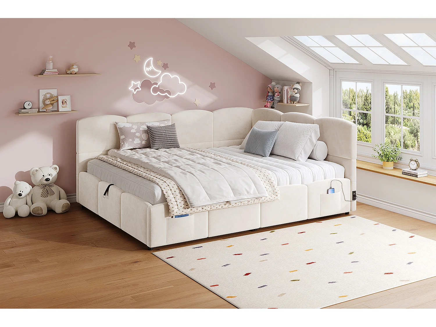 Lit coffre rembourré enfant - 140 x 200 cm - avec sommier à lattes + USB + tête de lit L - velours - beige
