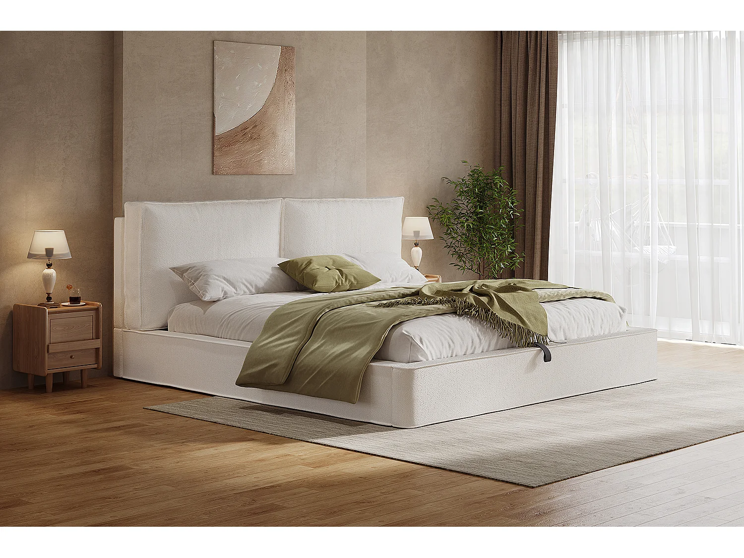 Lit coffre capitonné double - 180 x 200 cm - avec sommier à lattes + tête de lit - bouclé - beige