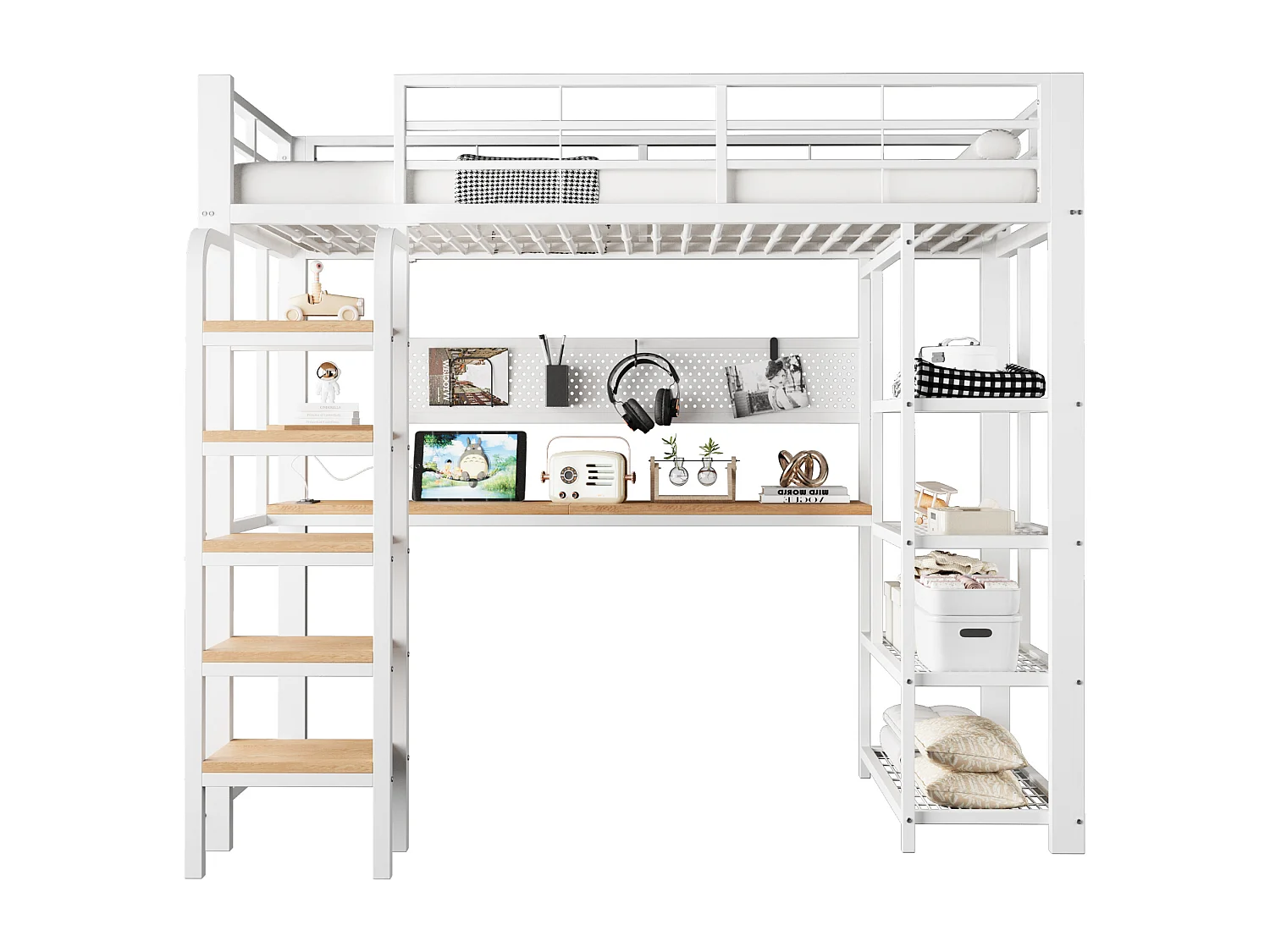 Lit mezzanine en fer enfant - 90 x 200 cm - avec bureau + prise + Leds + étagères de rangement - métal + MDF - blanc