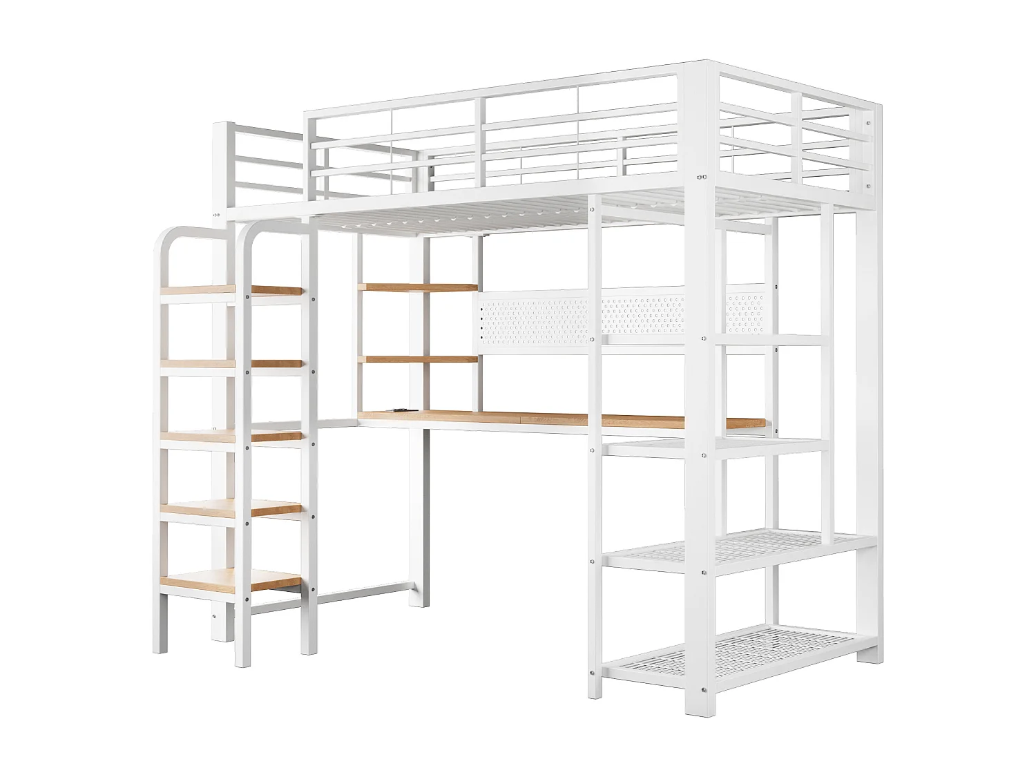 Lit mezzanine en fer enfant - 90 x 200 cm - avec bureau + prise + Leds + étagères de rangement - métal + MDF - blanc