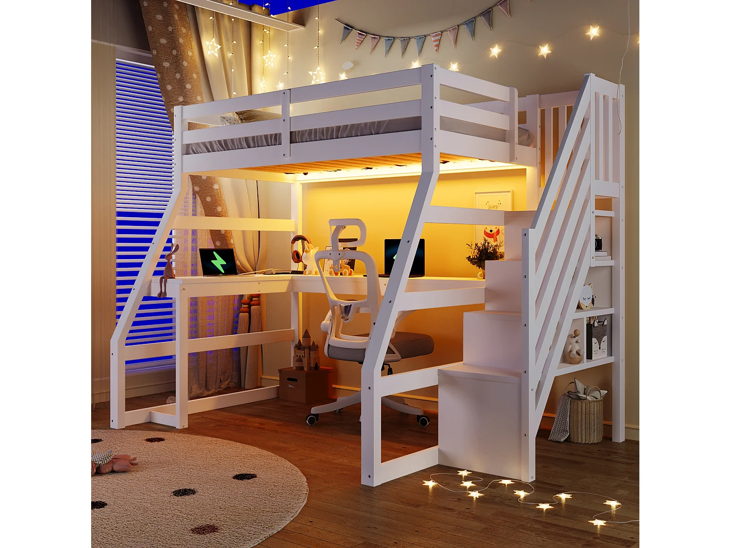 Hochbett aus Holz für Kinder – 90 x 200 cm – mit Schreibtisch, LED-Beleuchtung, USB-Anschluss und Leiter mit Stauraum – MDF – weiß