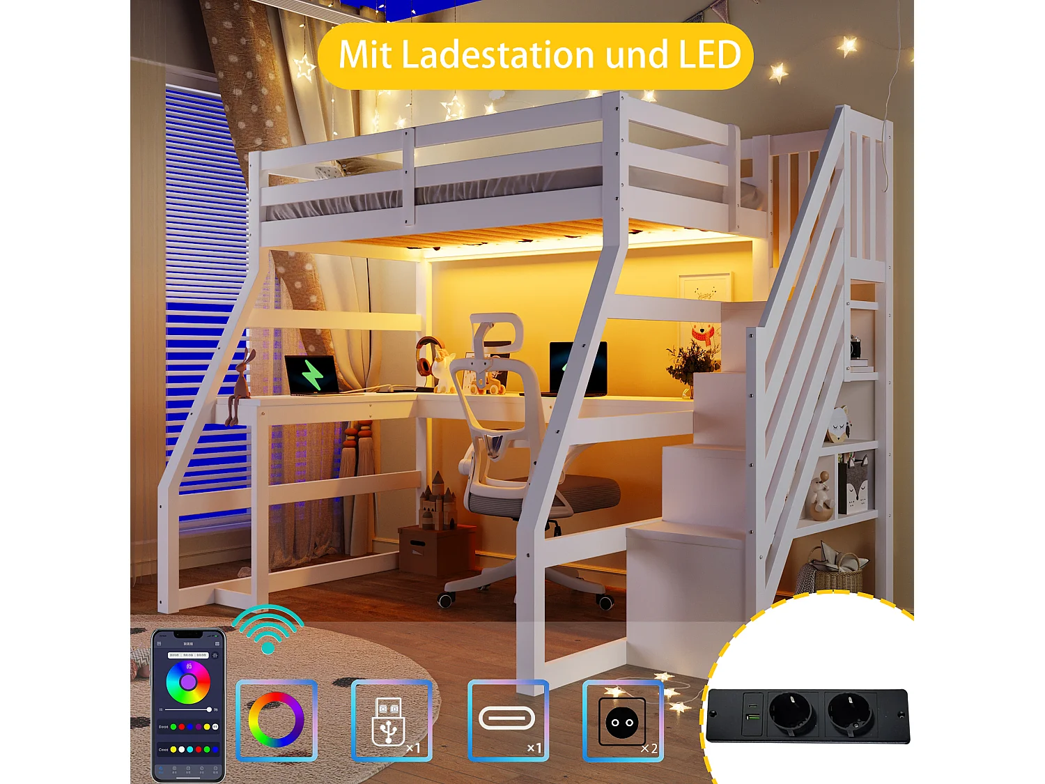 Hochbett aus Holz für Kinder – 90 x 200 cm – mit Schreibtisch, LED-Beleuchtung, USB-Anschluss und Leiter mit Stauraum – MDF – weiß
