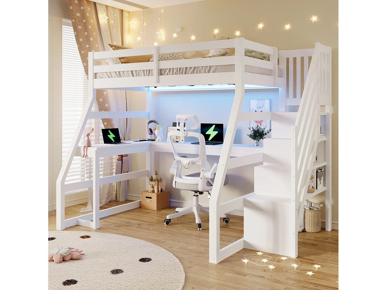 Hochbett aus Holz für Kinder – 90 x 200 cm – mit Schreibtisch, LED-Beleuchtung, USB-Anschluss und Leiter mit Stauraum – MDF – weiß