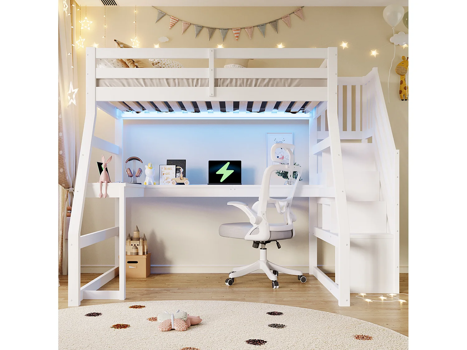 Hochbett aus Holz für Kinder – 90 x 200 cm – mit Schreibtisch, LED-Beleuchtung, USB-Anschluss und Leiter mit Stauraum – MDF – weiß