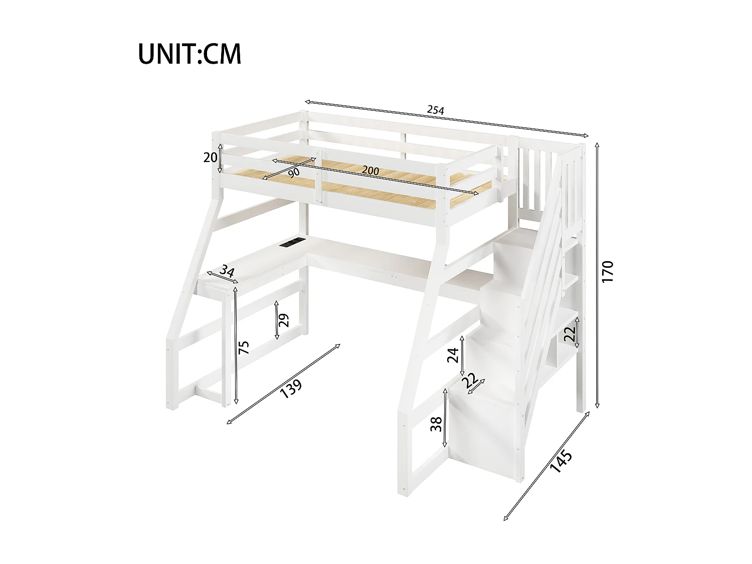 Hochbett aus Holz für Kinder – 90 x 200 cm – mit Schreibtisch, LED-Beleuchtung, USB-Anschluss und Leiter mit Stauraum – MDF – weiß