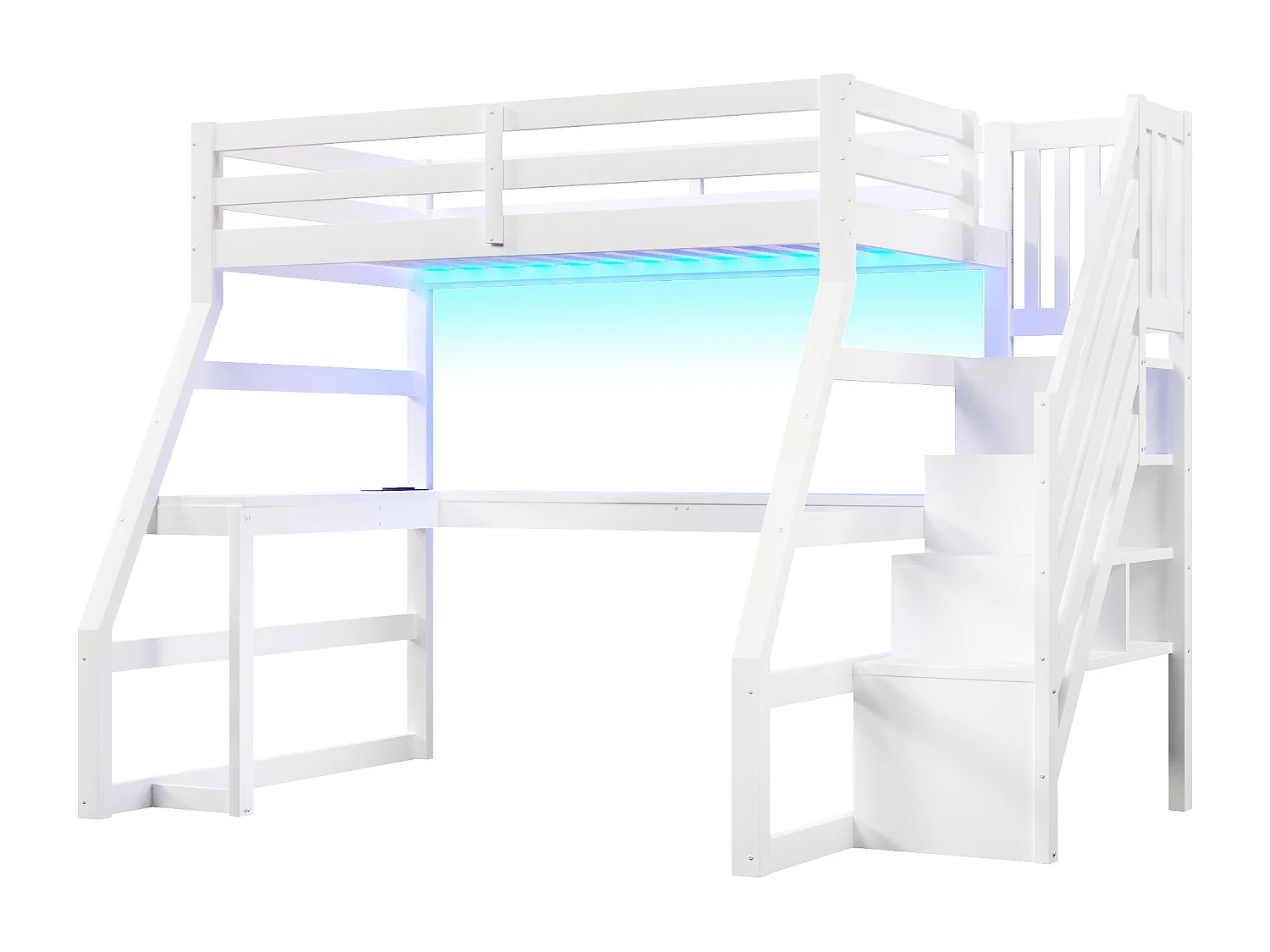 Hochbett aus Holz für Kinder – 90 x 200 cm – mit Schreibtisch, LED-Beleuchtung, USB-Anschluss und Leiter mit Stauraum – MDF – weiß