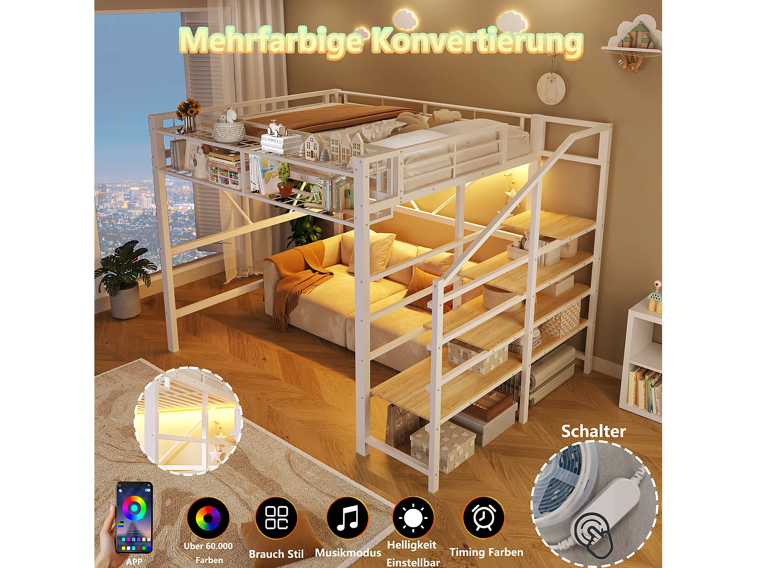 Lit mezzanine en métal - 140 x 200 cm - avec treillis métallique + Leds + escalier de rangement - MDF + métal - blanc