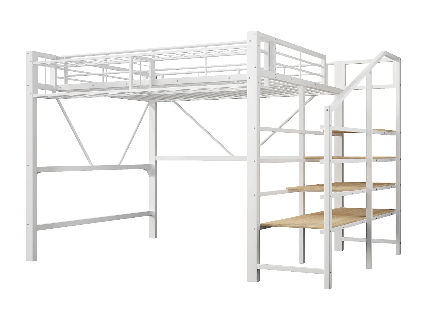 Lit mezzanine en métal - 140 x 200 cm - avec treillis métallique + Leds + escalier de rangement - MDF + métal - blanc