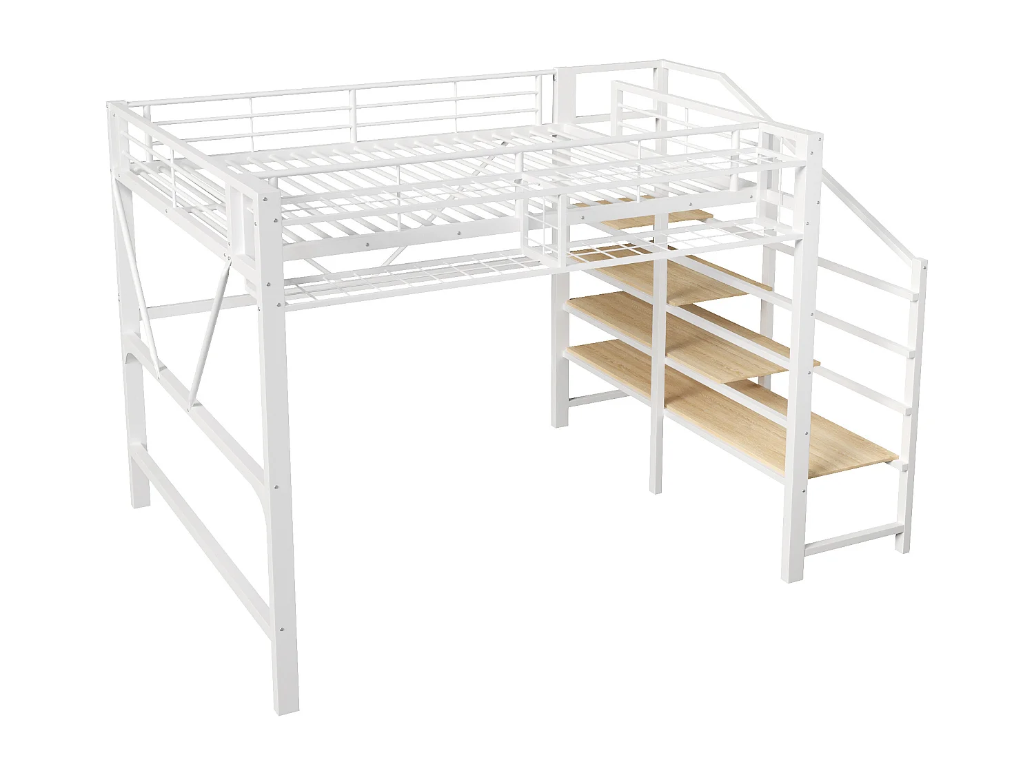 Lit mezzanine en métal - 140 x 200 cm - avec treillis métallique + Leds + escalier de rangement - MDF + métal - blanc