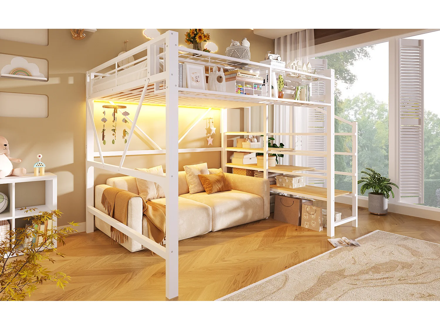 Lit mezzanine en métal - 140 x 200 cm - avec treillis métallique + Leds + escalier de rangement - MDF + métal - blanc