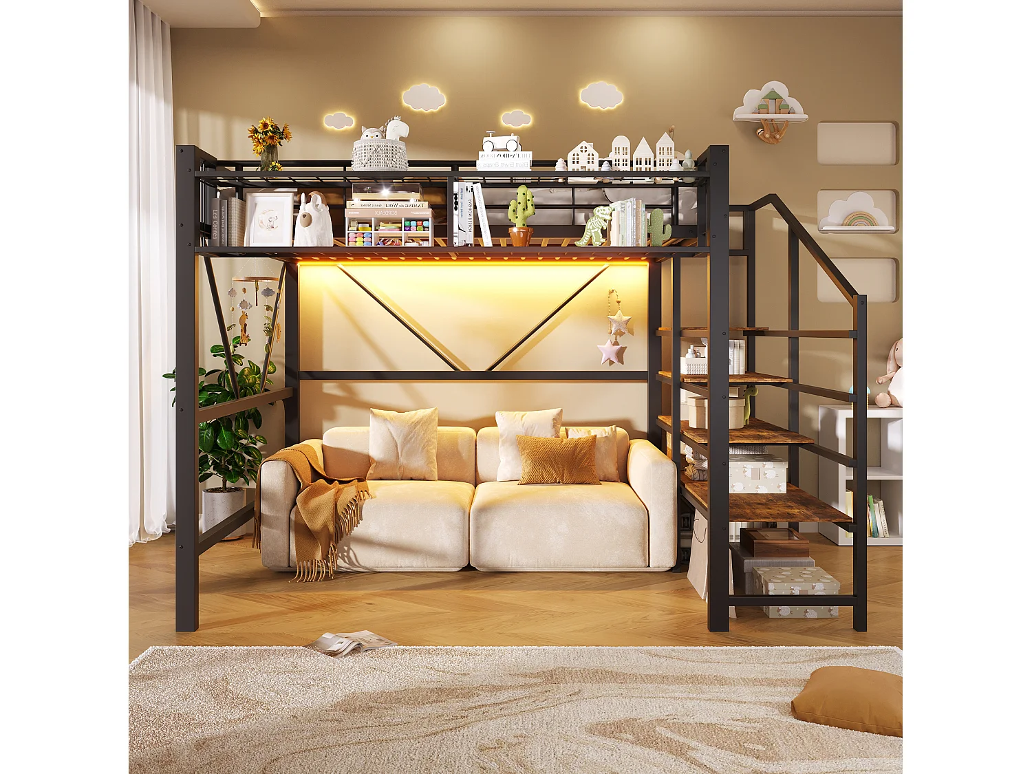 Lit mezzanine en métal - 140 x 200 cm - avec treillis métallique + Leds + escalier de rangement - MDF + métal - noir