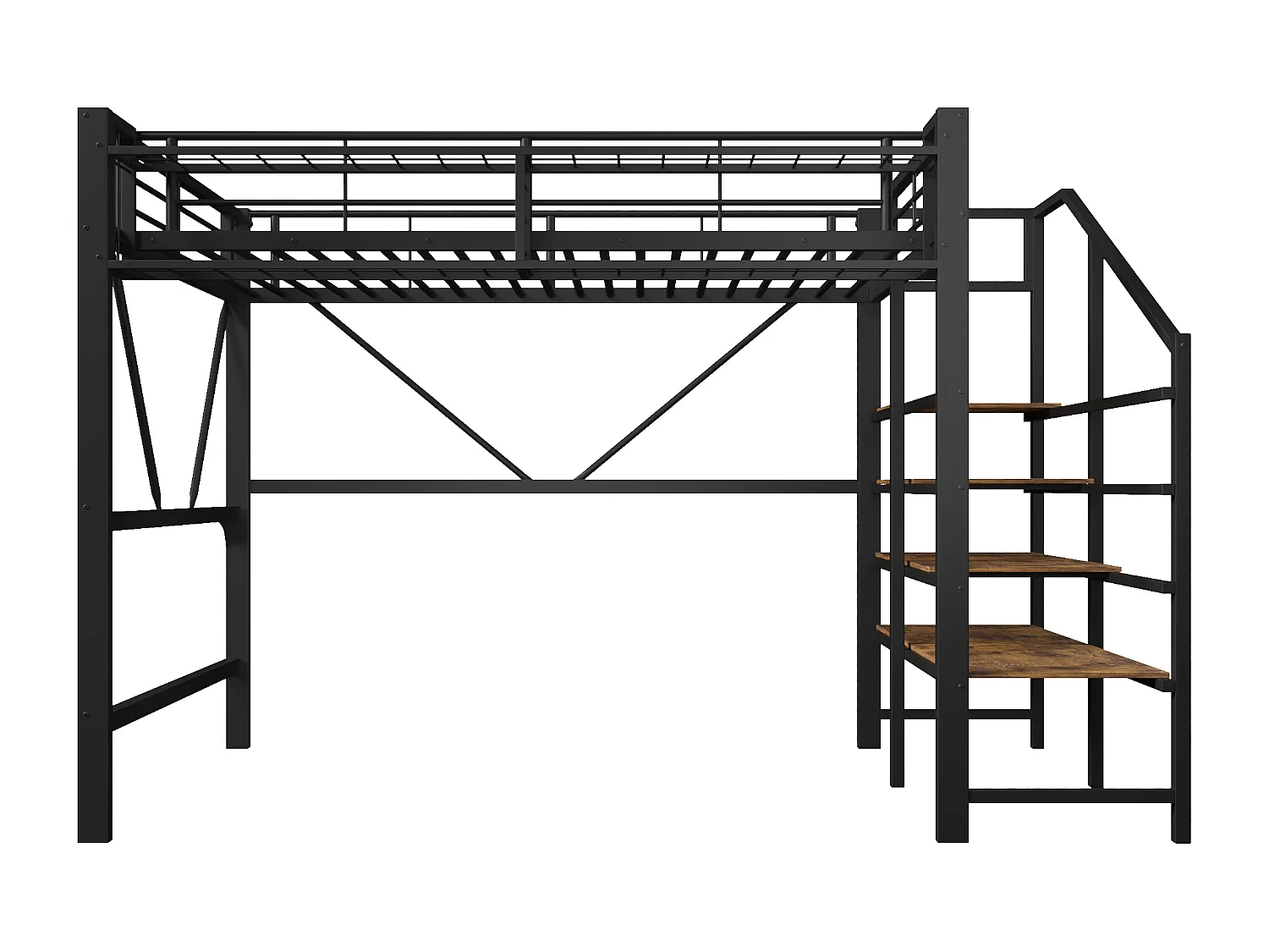 Lit mezzanine en métal - 140 x 200 cm - avec treillis métallique + Leds + escalier de rangement - MDF + métal - noir